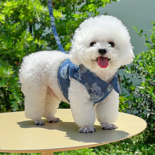 Denim Dog Harness and Lesh Set Pet Clothes Dog Chest Strap Traction Rope Cat Vest Harnesses Chihuahua Ragdoll Walking Supplies
