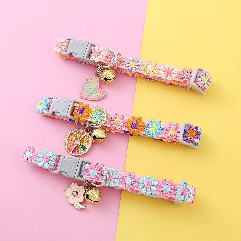 High cost-effective colored linen pet collar with bell and flower decorations for cats and dogs