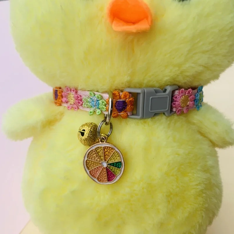 High cost-effective colored linen pet collar with bell and flower decorations for cats and dogs