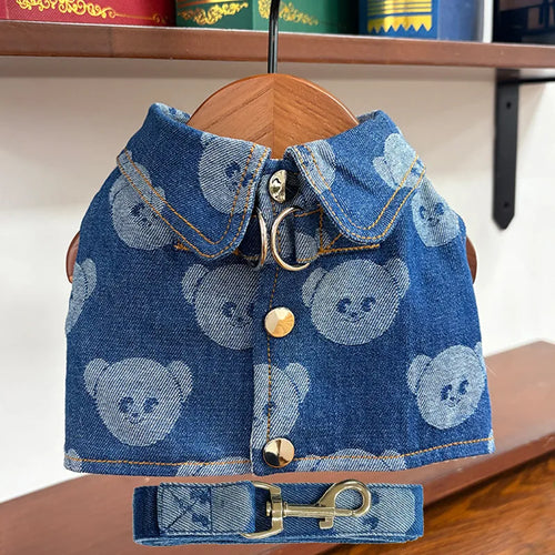 Denim Dog Harness and Lesh Set Pet Clothes Dog Chest Strap Traction Rope Cat Vest Harnesses Chihuahua Ragdoll Walking Supplies