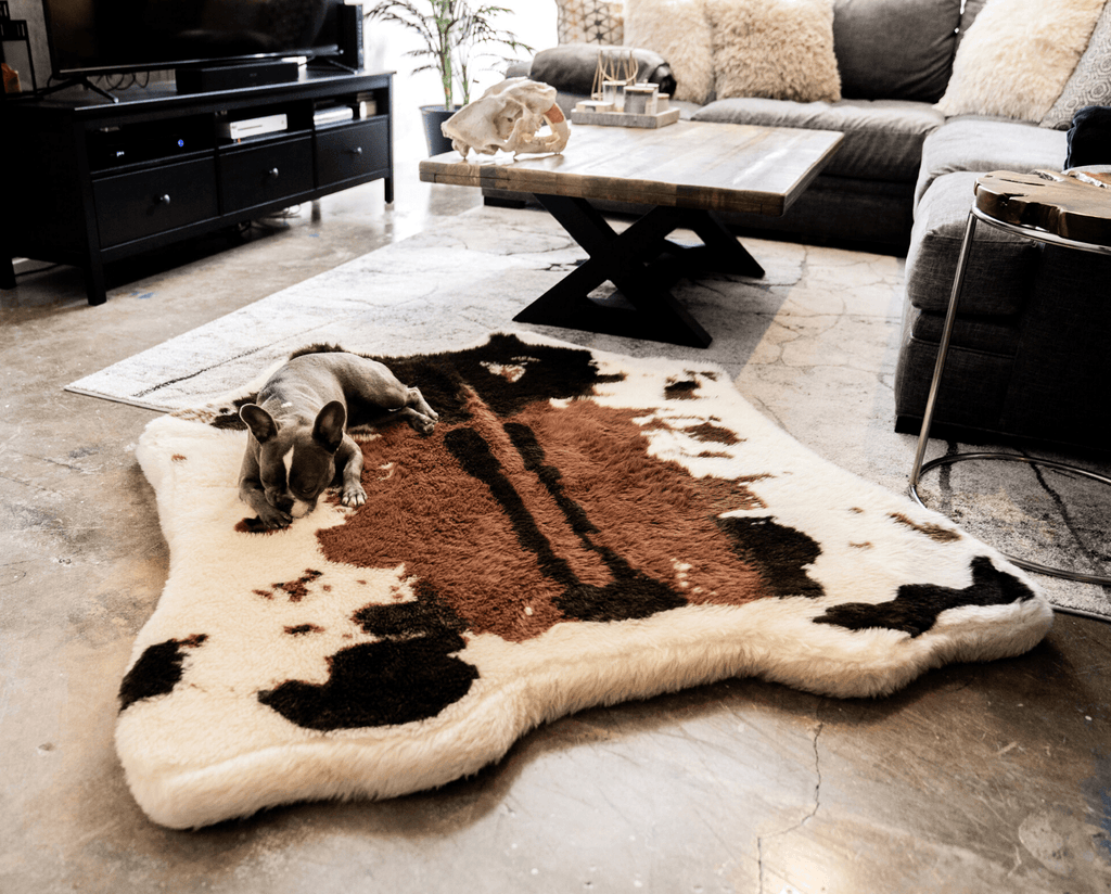 PupRug® Memory Foam Bed + Matching Waterproof Blanket Bundle - Brown Faux Cowhide